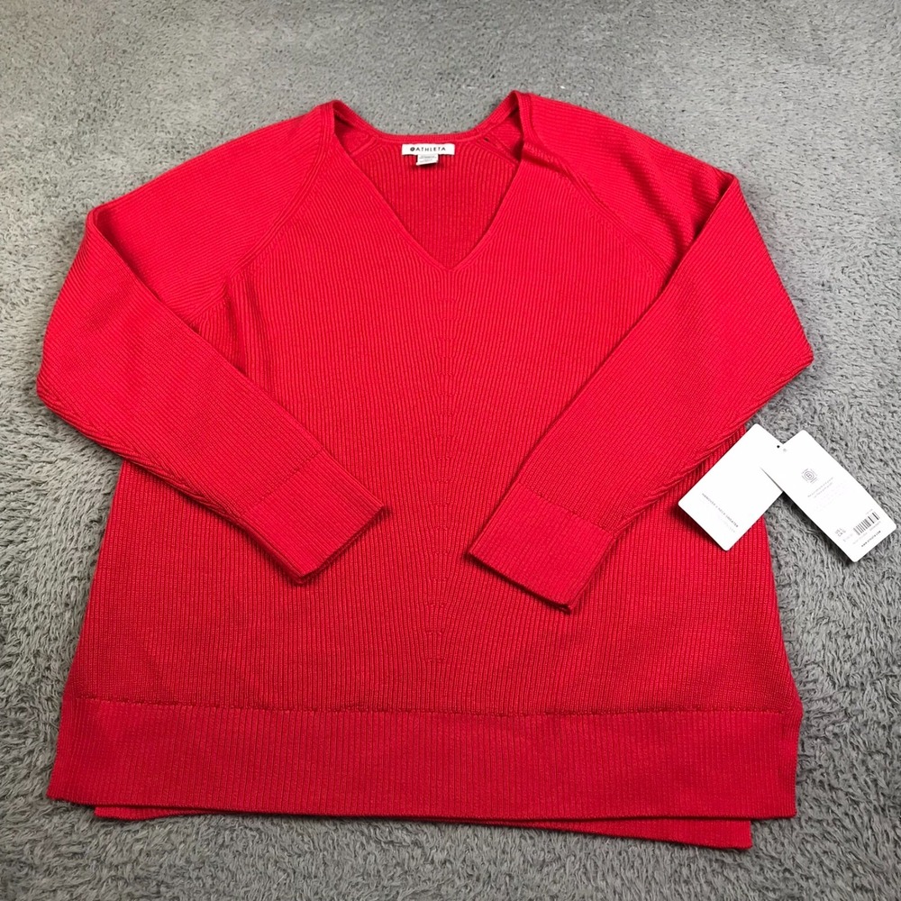 Athleta Hanover V Neck Sweater Womens L Pink/Red Merino Wool Blend NEW Defect